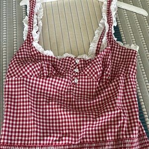 Red Gingham Sleeveless Top with Lace Trim